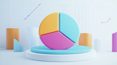 A D pie chart with bright segments popping out to highlight financial growth and expenditure, set against a clean white background.の素材