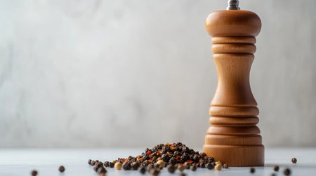 A clean, minimalistic image of a pepper mill with whole peppercorns and ground pepper displayed on a white surface, emphasizing its function and design.の素材