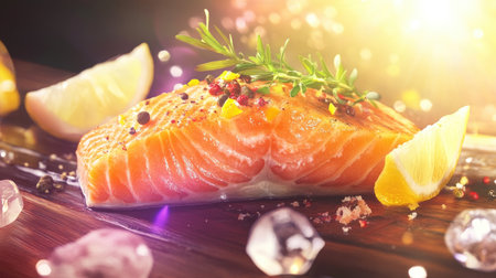 A beautifully plated dish of grilled salmon fillet, garnished with fresh herbs and lemon wedges, served on a rustic wooden table, showcasing the vibrant colors and appetizing presentation.の素材
