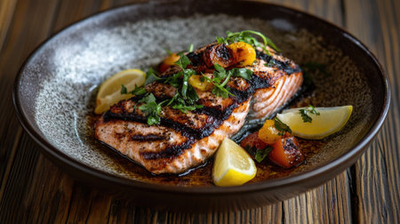 A beautifully plated dish of grilled salmon fillet, garnished with fresh herbs and lemon wedges, served on a rustic wooden table, showcasing the vibrant colors and appetizing presentation.の素材