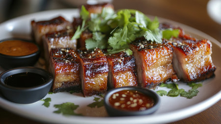 A beautifully arranged plate of crispy pork belly, garnished with fresh herbs and served alongside dipping sauces, showcasing the rich textures and flavors of this delicious dish.の素材
