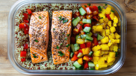 An overhead view of a healthy meal prep featuring salmon, quinoa, and colorful vegetables, emphasizing the nutritious aspects of this delicious dish for health-conscious eaters.の素材