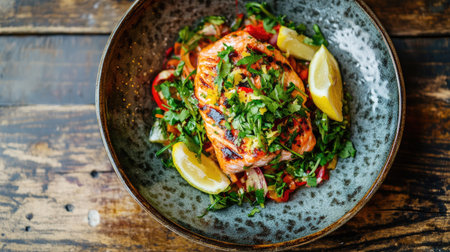 A beautifully plated dish of grilled salmon fillet, garnished with fresh herbs and lemon wedges, served on a rustic wooden table, showcasing the vibrant colors and appetizing presentation.の素材