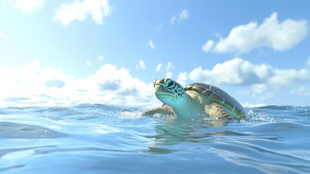 A captivating scene of a sea turtle emerging from the water to breathe, with its head breaking the surface and a clear, blue sky above.の素材