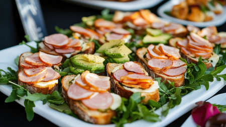 A stylish arrangement of several toasted sandwiches with different fillings, like ham and cheese and turkey and avocado, presented on a white platter with fresh greens.の素材
