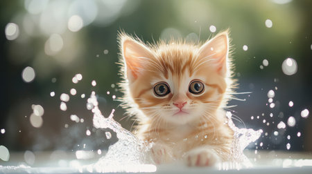A cute orange kitten enjoying a gentle bath, splashing water playfully, with bubbles all around and a joyful expression on its faceの素材