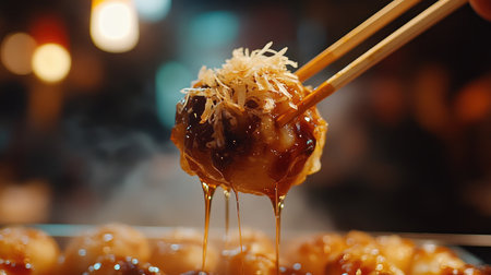 A close-up of a single takoyaki ball being picked up with chopsticks, dripping with sauce and topped with bonito flakes, against a blurred restaurant background.の素材