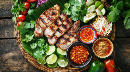 A beautifully plated dish of grilled pork and vegetables, with dipping sauces and fresh herbs arranged artfully, highlighting the colors and flavors of this popular Thai dining experience.の素材