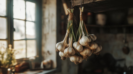 A bundle of fresh garlic bulbs tied with twine, hanging in a kitchen setting, with natural light filtering through, emphasizing their rustic, homely feel.の素材