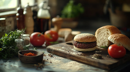A rustic kitchen scene showcasing a homemade burger preparation, with fresh ingredients laid out, like ground beef, spices, and buns, emphasizing the cooking process.の素材