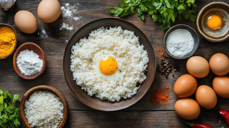 A creative flat lay of ingredients for making rice with scrambled eggs, including fresh eggs, rice, and spices, set against a rustic wooden backgroundの素材