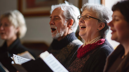 A mixed-age choir rehearsing in a cozy practice room, surrounded by sheet music, with a focus on the camaraderie and enthusiasm of the singers.の素材
