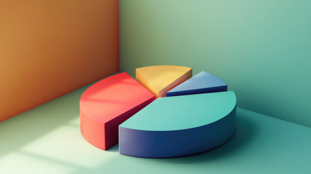 A financial D pie chart showing the division of a company's assets, with bold colors and shadows adding depth to each section.の素材