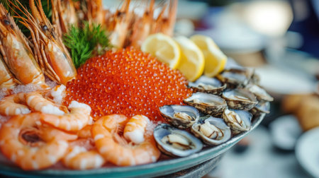 A picturesque beachside restaurant with a stunning view, serving shrimp roe as part of a gourmet seafood platter, capturing the essence of dining by the seaの素材