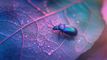 A small, iridescent beetle exploring the veins of a large, dew-covered leaf in the morning light, showcasing the beauty of nature's details.の素材