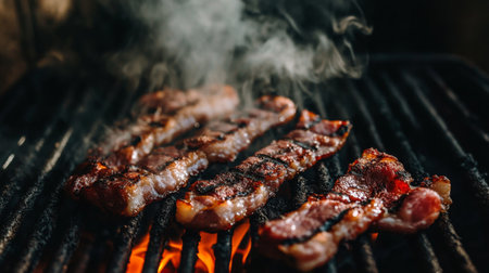 Juicy bacon strips sizzle on a charcoal grill, releasing savory smoke and creating a mouthwatering aroma. Perfect for breakfast or outdoor gatherings.の素材