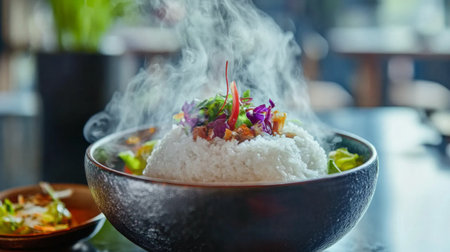 Indulge in a steaming bowl of rice topped with fresh vegetables and herbs, showcasing vibrant colors and rich textures. Perfect for a wholesome meal.の素材