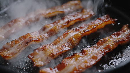 Juicy bacon strips fry in a skillet, releasing steam and mouthwatering aromas. Perfect for breakfast or as a savory snack, this crispy delight tempts every palate.の素材