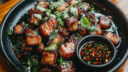 A mouthwatering dish featuring crispy pork cubes garnished with fresh herbs and served with a flavorful dipping sauce, perfect for culinary enthusiasts.の素材
