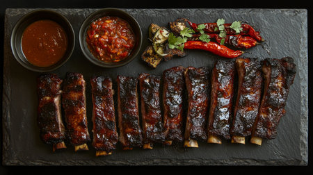Indulge in these succulent grilled barbecue ribs served with spicy sauce and fresh vegetables. Perfect for a feast or casual dining experience.の素材
