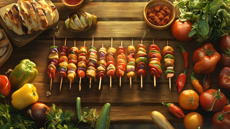This vibrant arrangement of colorful vegetable skewers showcases fresh ingredients primed for grilling. Perfect for summer barbecues and healthy meals.の素材