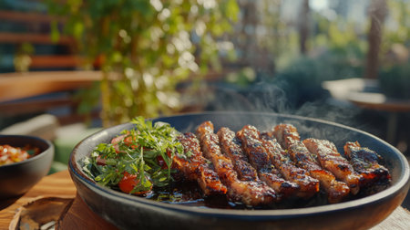 A beautiful presentation of grilled meat garnished with fresh herbs, served with colorful vegetables. The smoke rising adds a sense of warmth and deliciousness to the outdoor dining experience.の素材