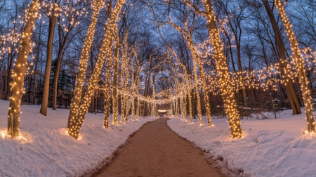 Experience an enchanting winter scene featuring a beautiful pathway flanked by illuminated trees, surrounded by soft snow, creating a magical atmosphere at dusk.の素材