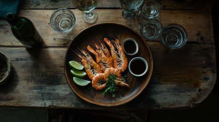 A beautifully arranged fresh shrimp platter with lime slices and dipping sauce served on a rustic wooden table, perfect for a delightful meal or gathering.の素材