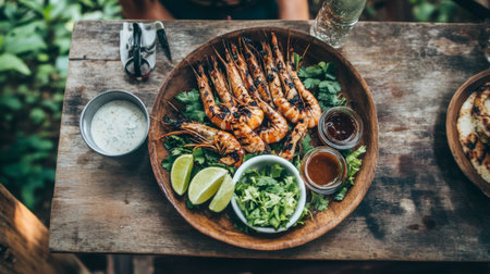 A delicious platter of grilled shrimp garnished with fresh herbs and lime slices. Perfect for outdoor dining, showcasing vibrant colors and flavors.の素材