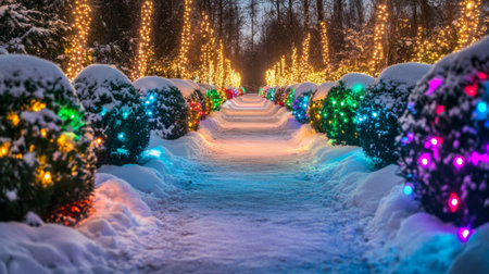 A beautiful winter pathway lined with colorful lights and snow-covered bushes creates a magical atmosphere perfect for holiday celebrations.の素材