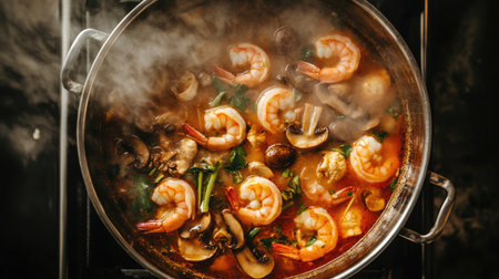 An overhead shot of a steaming pot of tom yum goong bubbling on the stove, with fresh shrimp, mushrooms, and lemongrass, showcasing the aromatic ingredients of this beloved soup.の素材