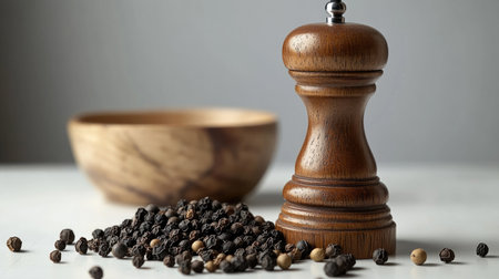 An elegant arrangement of whole black peppercorns and a polished pepper grinder on a white surface, highlighting their role as essential kitchen staples.の素材