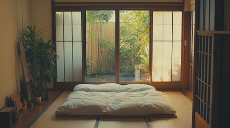 An interior shot of a Japanese bedroom featuring futons on tatami mats, shoji screens, and minimalistic decor, highlighting a peaceful and simple aesthetic.の素材