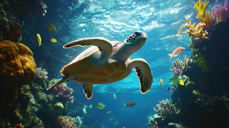 An underwater shot of a sea turtle swimming among colorful coral reefs and tropical fish, showcasing the vibrant marine life and the turtle's serene movements.の素材