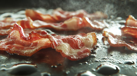 Close-up view of crispy bacon slices frying on a grill, emitting steam. The shiny, oily texture highlights the savory appeal of this classic breakfast food.の素材