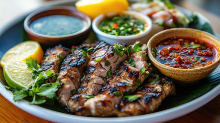 A colorful plate of grilled meats served alongside an assortment of dipping sauces, garnished with fresh herbs and citrus slices, highlighting the dish's vibrancy and flavor.の素材