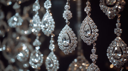 A high-end jewelry store showcasing an array of diamond earrings, each pair gleaming under perfect display lighting, offering a sense of luxury and exclusivity.の素材