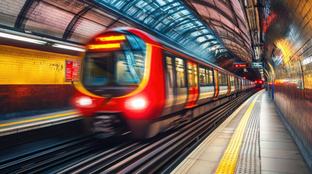 A long exposure image capturing a train speeding through a subway tunnel, with motion blur effects creating a sense of movement and energyの素材