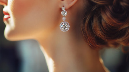 A close-up of diamond earrings being worn by a woman at a glamorous event, the jewels shining brightly against a chic hairstyle and elegant dress.の素材