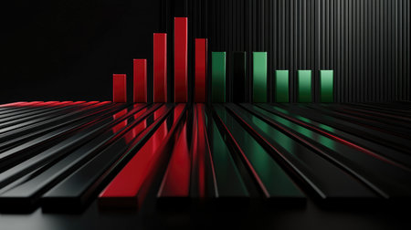 A D bar chart illustrating market fluctuations, with red and green bars highlighting gains and losses, presented in a sleek, professional style.の素材