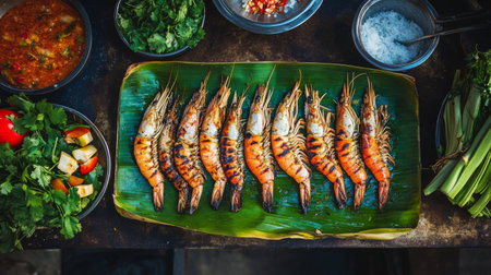 A stunning display of grilled shrimp arranged on a leaf with fresh herbs and colorful ingredients. Perfect for showcasing culinary creativity and vibrant cuisine.の素材