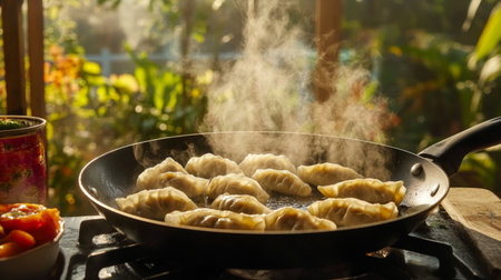 Steaming dumplings sizzling in a skillet create a mouth-watering scene. The natural light enhances the vibrant colors, inviting warmth and culinary delight.の素材