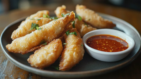 A plate of crispy Thai spring rolls, freshly fried and served with a sweet chili dipping sauce, ready to be enjoyed as a light appetizer.の素材