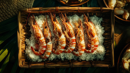 This image features a delicious presentation of grilled shrimp served on a bed of fluffy rice in a rustic woven basket, capturing a fresh culinary experience.の素材