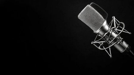 A professional studio microphone with a pop filter, ready for a podcast recording session, set against a clean black background, highlighting its sleek design.の素材