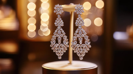 An exquisite pair of diamond drop earrings displayed on a rotating pedestal, the gems twinkling under soft lighting to create a sense of luxury and elegance.の素材