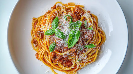 A beautifully plated spaghetti dish, featuring al dente noodles topped with rich marinara sauce, fresh basil, and grated Parmesan cheese, all presented on a clean white background for emphasis.の素材