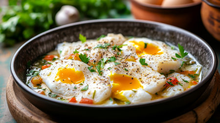This image showcases a bowl of freshly poached eggs served with colorful vegetables and herbs, highlighting a healthy and delicious meal perfect for breakfast or brunch.の素材