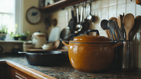 A cozy kitchen scene featuring an orange pot and a black skillet on a countertop surrounded by wooden utensils, showcasing the warmth and charm of home cooking.の素材