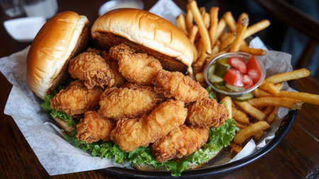 Indulge in a mouthwatering basket of crispy fried chicken served with fresh sides, including fries and salad. Perfect for a satisfying meal!の素材